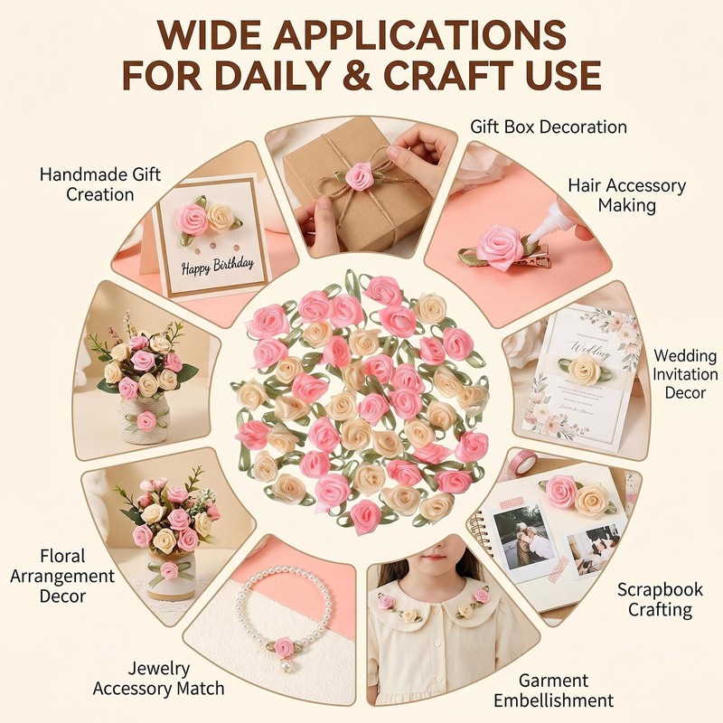 100 Pcs Mini Satin Ribbon Rose for Crafts