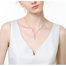 YL Cross Angel Wing Necklace 925 Sterling Silver March Birthstone Aquamarine Blue Cubic Zirconia Guardian Angel Pendant Necklace for Women
