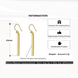 Bellitia Jewelry Gold-Plated 925 Sterling Silver Earrings Hook Earrings Sticker Set for Women Ladies Drop Earrings Women's Earrings with Long Bar, Sterling Silver