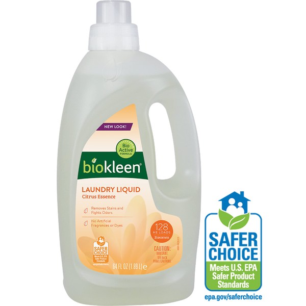 Biokleen Laundry Detergent -128 HE Loads - Citrus Essence 64 Fl Oz Concentrated, Eco-Friendly, Plant-Based, No Artificial Fragrance - Packaging May Vary