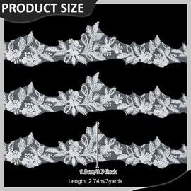 FREEBLOSS 3 Yards Sequin Beads Flower Embroidery Lace Applique Trim Rhinestone Applique Patches Embroidered Lace Appliques Embellishments for Clothing Wedding Dress