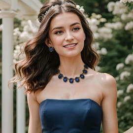 Clearine Victorian Style Statement Necklace Pierced Earrings Jewellery Set for Women Crystal Floral Cameo Inspired Oval Party Prom Jewelry Sapphire Antique-Gold-Tone