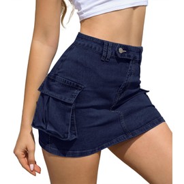 Womens Y2k Denim Mini Skirts Low Waist Cute Skirts Cargo Jean Skirts Dresses with Pockets Dark Blue S
