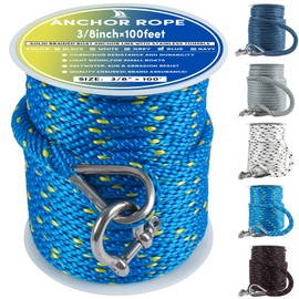Premium Anchor Rope 100 ft x 3/8 inch, Solid Braid MFP Anchor Line Boat Rope with Thimble & Shackle - Blue/Yellow