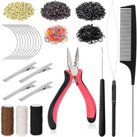 Kit de herramientas de extensión de cabello, 600 micro anillos forrados de silicona, 1 alicate, 2 bucles de tracción de aguja de gancho, 10 agujas cur