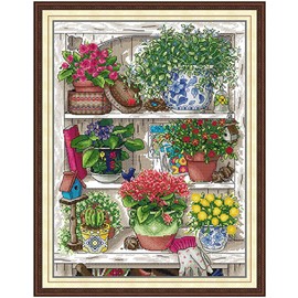 Aiorkeng Cross Stitch Kits Stamped Full Range of Embroidery Starter Kits for Adults Beginners DIY 14CT 2 Strands -Flower Shelf (Printed) 34×44CM