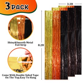 Voircoloria 3 Pack 3.3 x 8.2 ft Black Gold Orange Foil Fringe Backdrop Curtains, Tinsel Streamers Party Decorations, Fringe Backdrop, Door Shimmer for Construction or Birthday Party