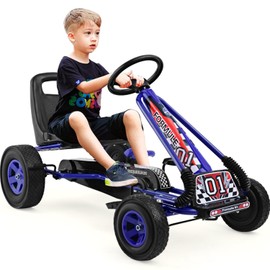FUTADA Go Kart for Kids, 4 Wheel Off-Road Pedal On Foot Go Cart with Adjustable Seat, 2 Safety Brakes, EVA Tires, Steering Wheels, Outdoor Racer Ride On Pedal Car Gift for Boys & Girls (Blue)