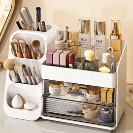 Anylady Makeup Organizer with Drawers, Skincare Organizer (Large Size Thick), Storage Box Cosmetic Display Cases, Make up Organizers for Vanity, Dresser, Desk, Kitchen, Countertop (White)