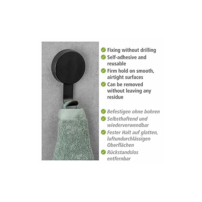 WENKO Static-Loc Plus Pavia Wall Hooks, Black, Set of 2