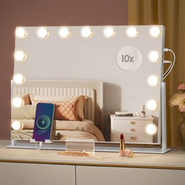 SONGMICS Vanity Makeup Mirror with Lights, Touch Control, 15 LED Bulbs, with Charging Ports, Detachable 10X Magnifying Mirror, 3 Color Temperatures, Dimmable, Phone Holder, Matte White ULWM001W01V1