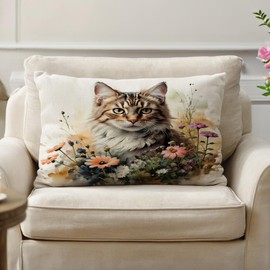 JAERUE Cat Decorative Throw Pillow Cover with Floral Farmhouse Decor Pillow Cases for Sofa Couch Porch Patio Spring Summer Lumbar Cushion Covers,12×20 inches (Brown/Orange)