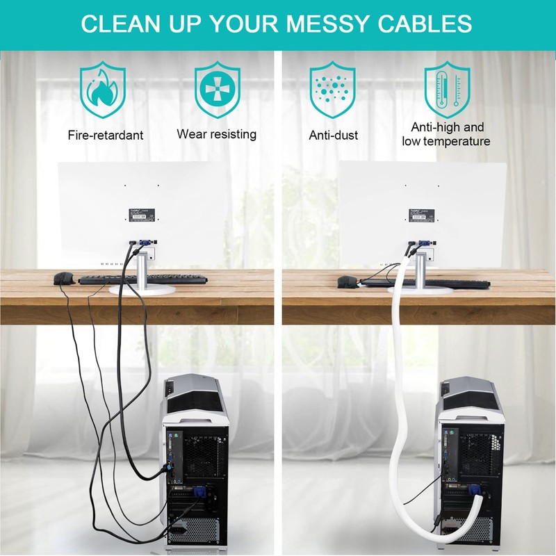 6.6ft - 2/3 inch White Cable Sleeve, Cable Organizer for