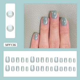 Light Green Press on Nails Short Square Fake Nails with Cat-Eyes Design Shiny Glitter Glue on Nails Bling Bling Stick on Nails Reusable Glossy Spring False Nails for Women Girls Manicure 24pcs