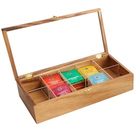 Woodard & Charles Acacia Wood Compartment Tea Box with Window, Storage and Organizer… (10 Compartment Tea Box)