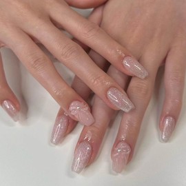 Hkanlre Medium Coffin Press on Nails Shiny Fake Pink Nails Tips Full Cover False Cute Bow Nails for Women and Girls 24PCS