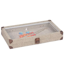 888 Display USA - Burlap Storage / Jewelry Case with Glass Top and Latch Lock Display Tray