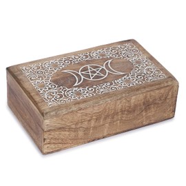 Ajuny Jewellery Storage Box Hand-Carved Decorative Wooden Art Box Star Moon Design – Multipurpose Watch Box Treasure Chest Great for Gifts – Brown and White, 20.3 x 12.7 cm