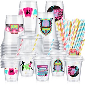 Boao 36 Sets 1950s Party Decorations 50's Rock and Roll Cups with Lids and Paper Straws 14 oz 50s Retro Birthday Plastic Cups 50's Theme Birthday Music Party Supplies