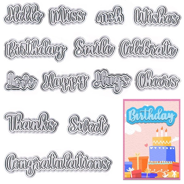 Threetols 14 PCS Holiday Words Metal Die Cuts for Card Making, Birthday Thanksgiving Words Cutting Dies for Paper Craft DIY Decor Valentine Card Making Scrapbooking Paper Album Stamp