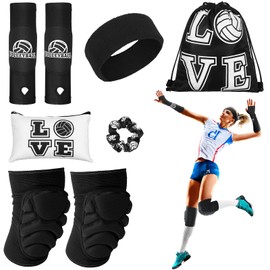 Vabean 8 Pcs Volleyball Accessories, Volleyball Arm Sleeves Volleyball Knee Pads Sport Hair Scrunchies Sweat Band Drawstring Bag Cosmetic Bag Volleyball Wrist Guard Knee Brace (Black,Medium)