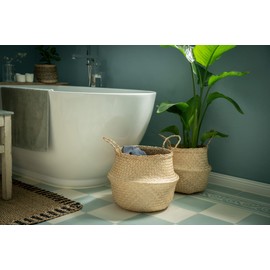 Decorasian Belly Basket, Braided Seagrass Large and Small - Basket Planter in Straw or Raffia Look - Seagrass Basket with Handle for Carrying - 35 cm