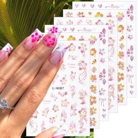 6 Sheets Hibiscus Flower Nail Art Stickers 3D Self-Adhesive Glitter Floral Nail Design Yellow Pink Spring Flowers Nail Stickers Heart Bow Hibiscus Nail Decals for Women Girls DIY Nail Art Supplies
