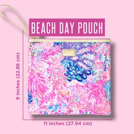 Lilly Pulitzer Water Resistant Vinyl Beach Day Pouch, Zipper Bag Includes Drink Hugger, Small Pouch, and Towel Clips, Splendor in the Sand