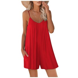 STOLKISS Women Casual Jumpsuits Summer Sleeveless Romper Shoulder Strap Loose Adjustable Stretchy Shorts Rompers with Pockets (Y009 Red, Large)