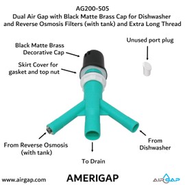 Dual Air Gap with Black Matte Brass Cap for Dishwasher and Reverse Osmosis Filters (with tank) and Extra Long Thread (AG200-505, AG200-X05, AMERIGAP)