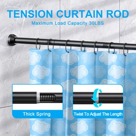 TEECK Shower Curtain Rod, 32-79 inch Adjustable Tension Spring, 1 Inch Shower Curtain Rod Tension, Anti-Slip, Rust-Proof, No Drilling, for Bathroom, Black