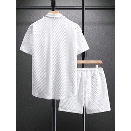 GORGLITTER Men's 2 Piece Outfits Waffle Knit Button Down Shirt Top and Shorts Set White XX-Large