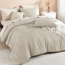 Litanika Oatmeal King Size Comforter Set, 3 Pieces Tufted Boho Farmhouse Bedding Comforter Sets, Lightweight Fluffy Comforter Bed Set for All Season (104x90In Comforter and 2 Pillowcases)