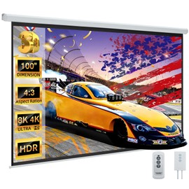 YODOLLA 100" Projector Screen Motorized 4:3, 4K HD Pull Down Retractable Projection Screens Electric Automatic Wall Ceiling Movie Screen for Office Classroom Indoor with Remotes…