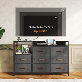 ODK Dresser with Charging Station, 52-Inch Long Dresser TV Stand for Bedroom, Large Dresser with 8 Storage Drawers, Chest of Drawers Easy-Pull Fabric Dressers for Living Room, Black and Dark Grey
