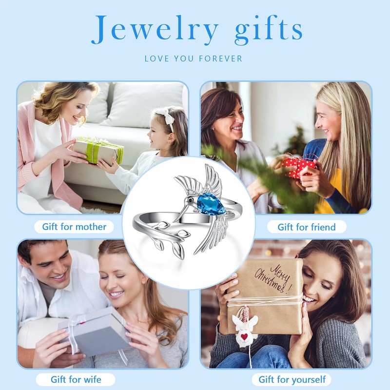 Hummingbird Leaf Ring for Women December Birthstone Zircon Blue Ring