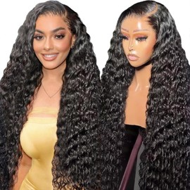 RXY Deep Wave Human Hair Wig 13x4 Lace Front Wigs Natural Color 100% Real Hair Wigs for Women 200% Density Pre Plucked with Baby Hair Natural Hairline 22 Inch