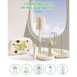 FURNIPLAS Bottle Brush Set - Baby Bottle Cleaner Kit with Silicone Brush, Nipple Brush, Straw Brush, Soap Dispenser, Drying Rack - 7 in 1 Bottle Cleaning Tool for Home and Travel, Green