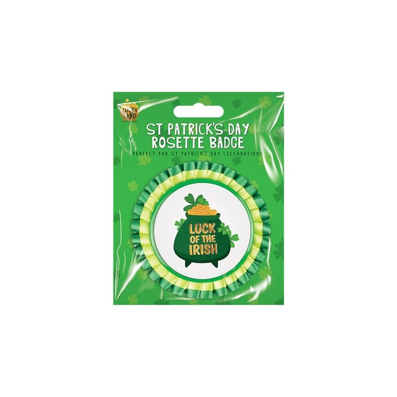 St Patricks Day - Green/White Rosette BADGE Irish Badge Shamrock