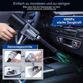 Xllent Handstaubsauger, Handsauger Kabellos 6000PA,Mini Autostaubsauger mit Typ-C-Aufladung 30min Laufzeit,HEPA-Filterung