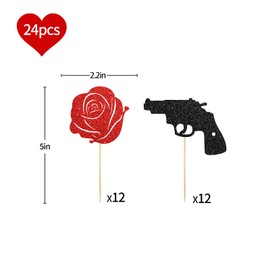 24PCS Glittery Gun & Rose Cupcake Toppers, Boy or Girl Themed Dessert Decor, Gender Reveral Party Supplies, Rose Food Picks - Black & Red
