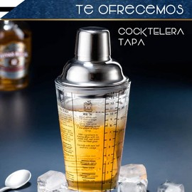CHIC FANTASY Coctelera Shaker con Recetas Capacidad de 400 ml / 14 oz, Vidrio Tapa de Acero Inoxidable y Coladera Barman Mezclador Bebidas Medidas Impresas