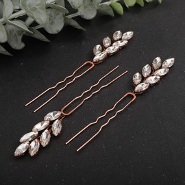 Teyglen 3pcs Crystal Bridal Hair Pins Rhinestone Hair Pieces Bride Wedding Hair Accessories Vintage Blue Red Green Rhinestone Hair Pins for Women Girls Party Prom (Rose Gold)