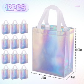 NLUS Iridescent Gift Bags, 12 Pack Reusable Gift Bags with White Handles, Goodie Bags for Birthday Wedding Party Favor Bags, 8 x 4 x 10 Inches