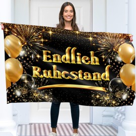 Finally Retirement Banner 150 x 90 cm - Rente Gut Alles Gut Garland - Alles Gute Zum Ruhestand Decoration - Vivid Digital Print - 110 Denier Polyester - Double Stitching (Black & Gold)