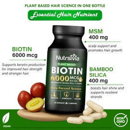 Nutrsivia Biotin 6000mcg Hair Growth Supplement with MSM& Bamboo Silica - Hair, Skin & Nail Support for Women & Men, 80 Capsules.