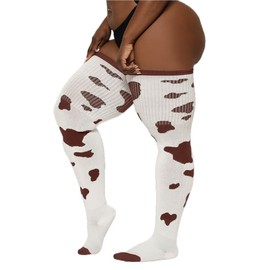 Thunda Thighs Plus Size Thigh High Socks, Over the Knee High Boot Stockings Leg Warmers, Extra Long & Thick Socks Cow Print White & Brown