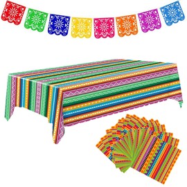 Mexican Party Decoration Set - Includes Mexican Tablecloth, 20 Mexican Napkins, Multicolored Flags，Festive Table Decor for Mexican Party, Fiesta Theme, Birthday and Cinco De Mayo Celebrations
