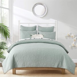 Querencia 100% Cotton Quilt Set - Queen Size, Lightweight Quilted Paisley Comforter, Bedspread Coverlet, All Seasons 3 Pieces (Full/Queen, Smoke Blue)