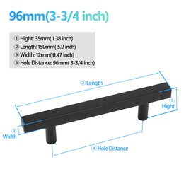 Redunest Cabinet Pulls Matte Black Cabinet Handles Square Drawer Pulls, 2 Pack 3-3/4 Inch 96mm Hole Centers Stainless Steel Kitchen Door Cupboard Cabinet Handles,5.9 Inch Length Cabinet Hardware
